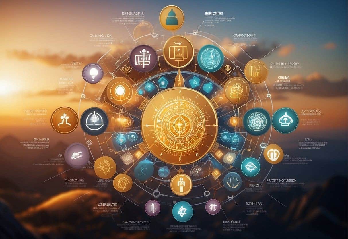 An AI interface answers questions on religious and spiritual services. Icons of various faith symbols surround the screen