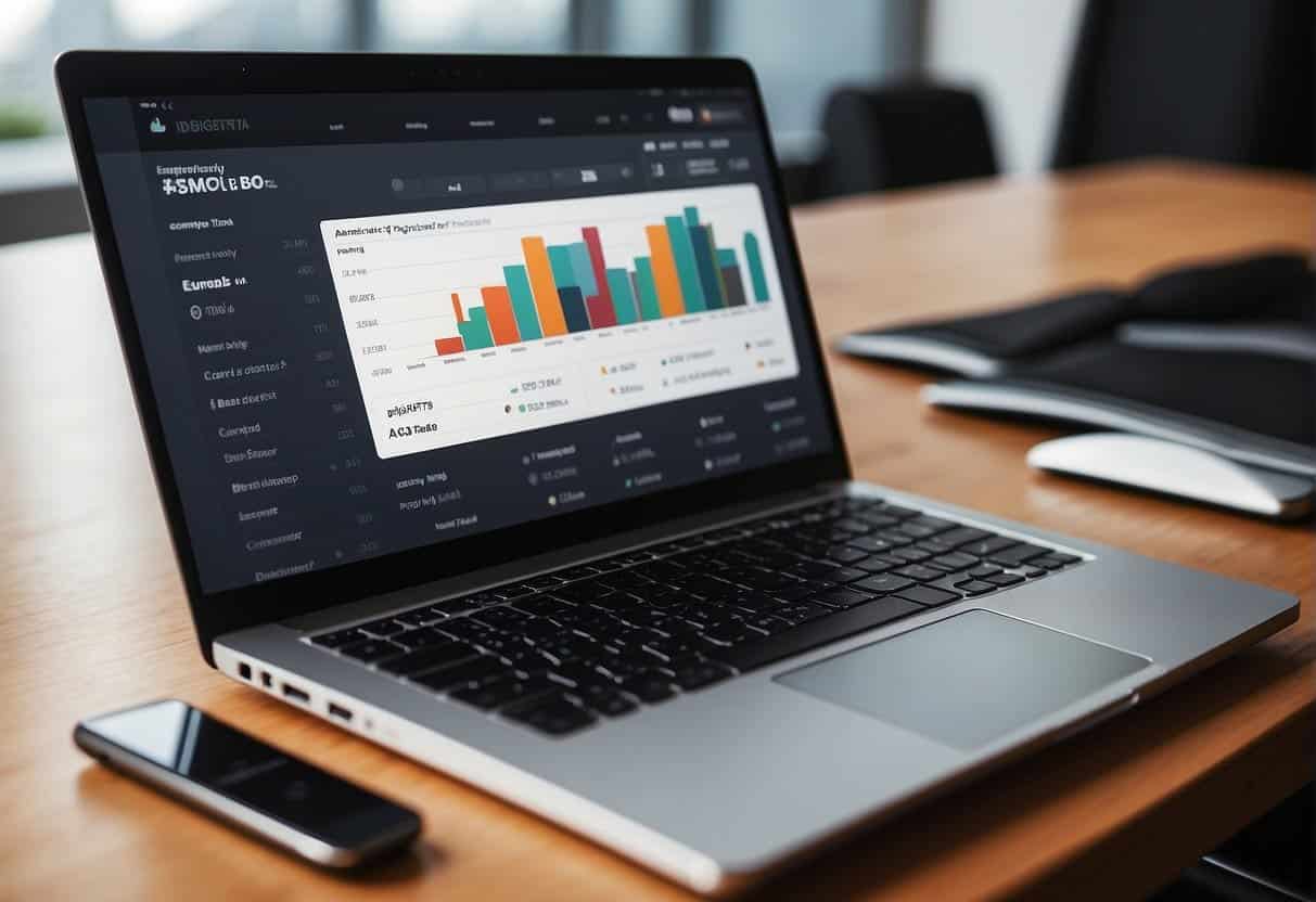 A laptop displaying a sleek and modern website, with a graph showing business growth, and a calendar marking monthly web design packages