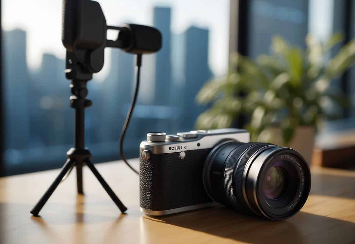 A compact camera, tripod, and microphone laid out on a sleek, modern desk with natural lighting streaming in from a nearby window
