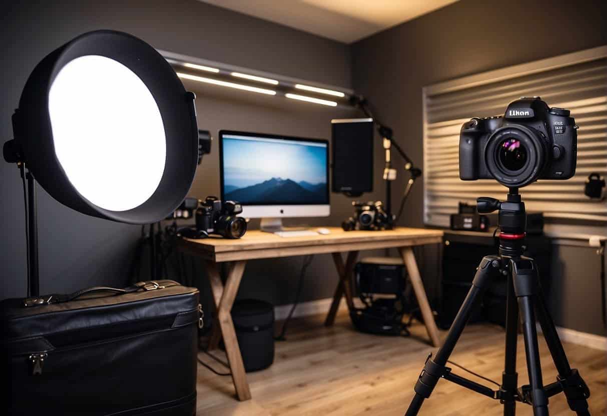 A well-lit vlogging setup with ring lights, softboxes, and a tripod-mounted camera. Various camera accessories and microphones are neatly arranged on a table