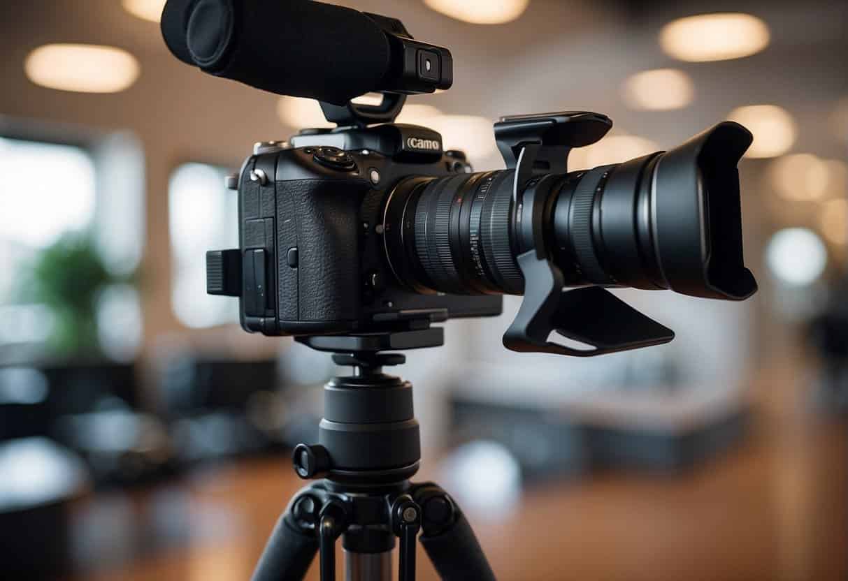 A high-quality camera with adjustable settings sits on a tripod, capturing detailed images. The screen displays crisp video resolution. Various camera accessories surround the setup