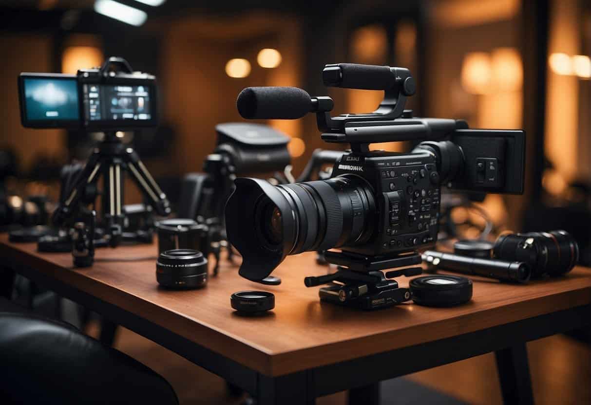 A table with high-end camera gear, including tripods, microphones, and lighting equipment, arranged neatly for vlogging