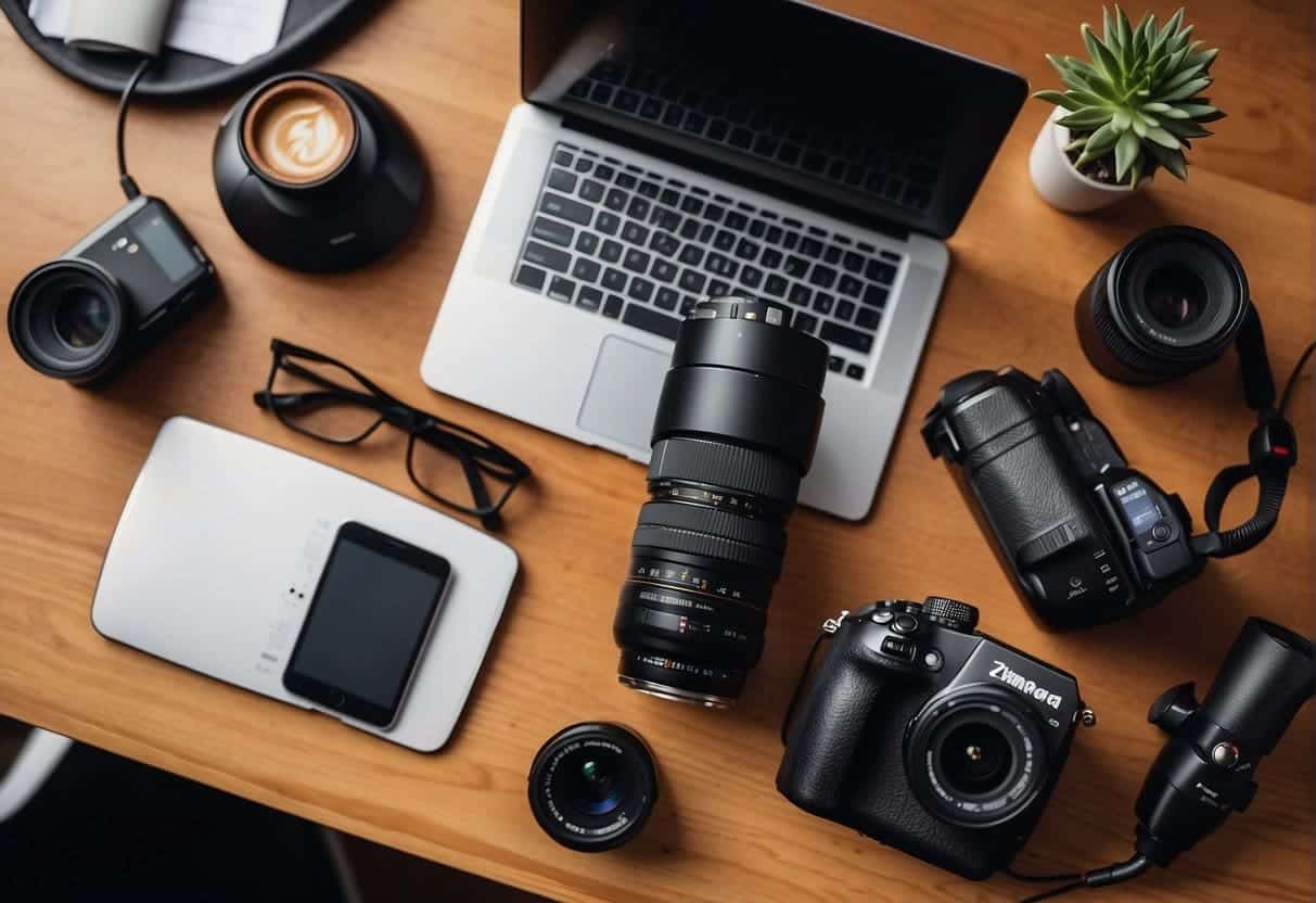 A top-down shot of a desk with various camera gear for vlogging, including a high-quality microphone, DSLR camera, tripod, and lighting equipment