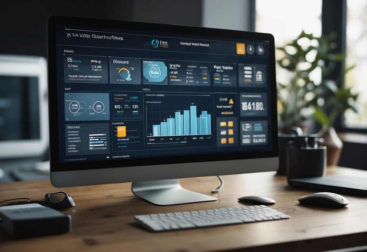 A computer screen displaying a web design dashboard with monthly package options. Icons representing project management and delivery tools surround the screen