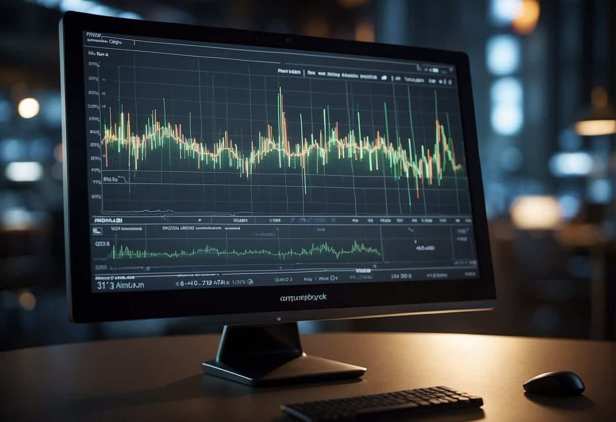 A computer monitor displaying a line graph trending upwards, surrounded by various data points and keywords. A spotlight shines on the monitor, drawing attention to the information