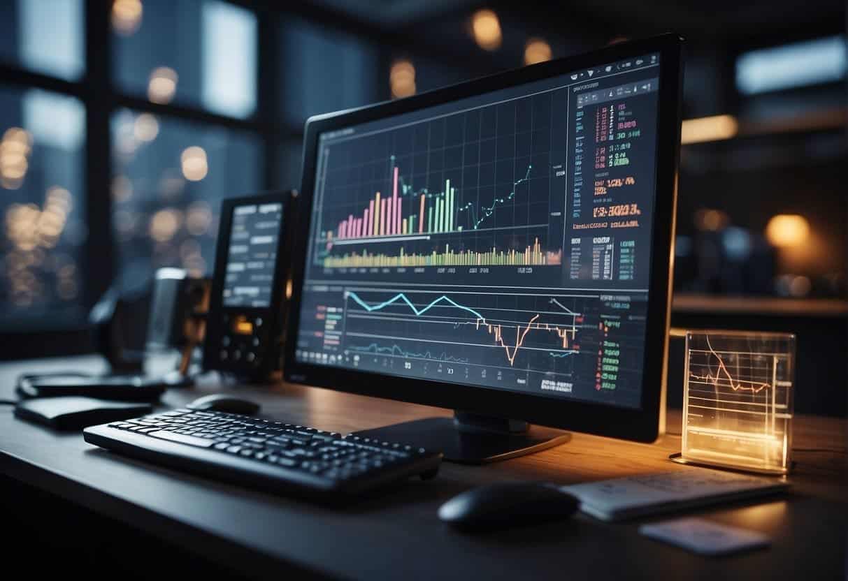 A computer screen displaying a graph with upward trend lines, surrounded by data charts and analysis tools