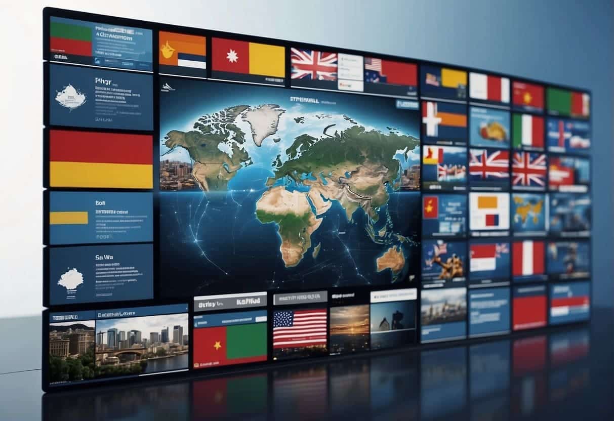 A website structure with global elements, like flags and world maps, guides users through a seamless international SEO experience