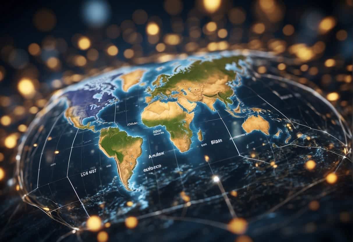 A world map with data points representing international SEO success and analytics