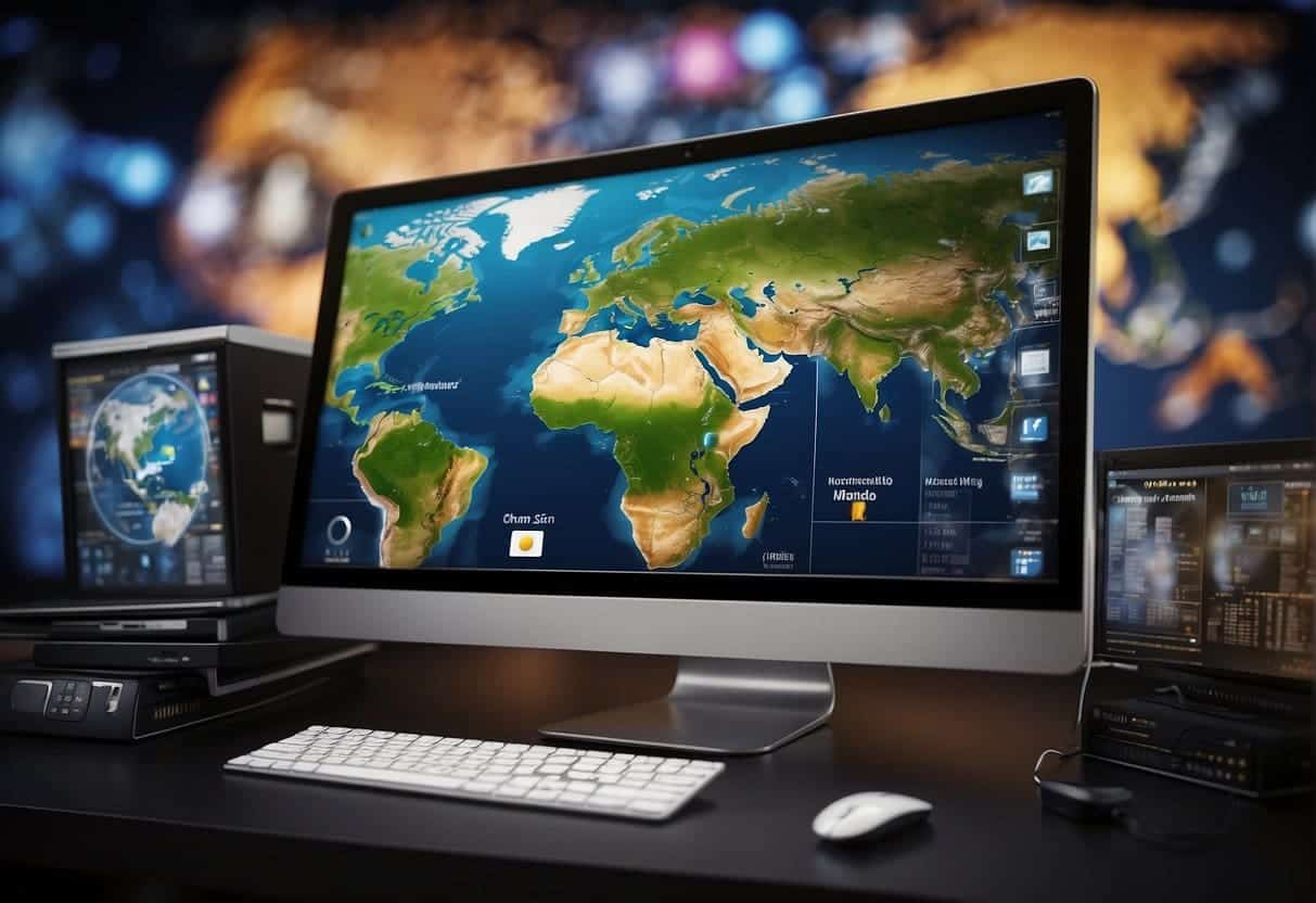 A computer screen with a world map and various website icons representing different countries, surrounded by digital marketing tools and global communication symbols