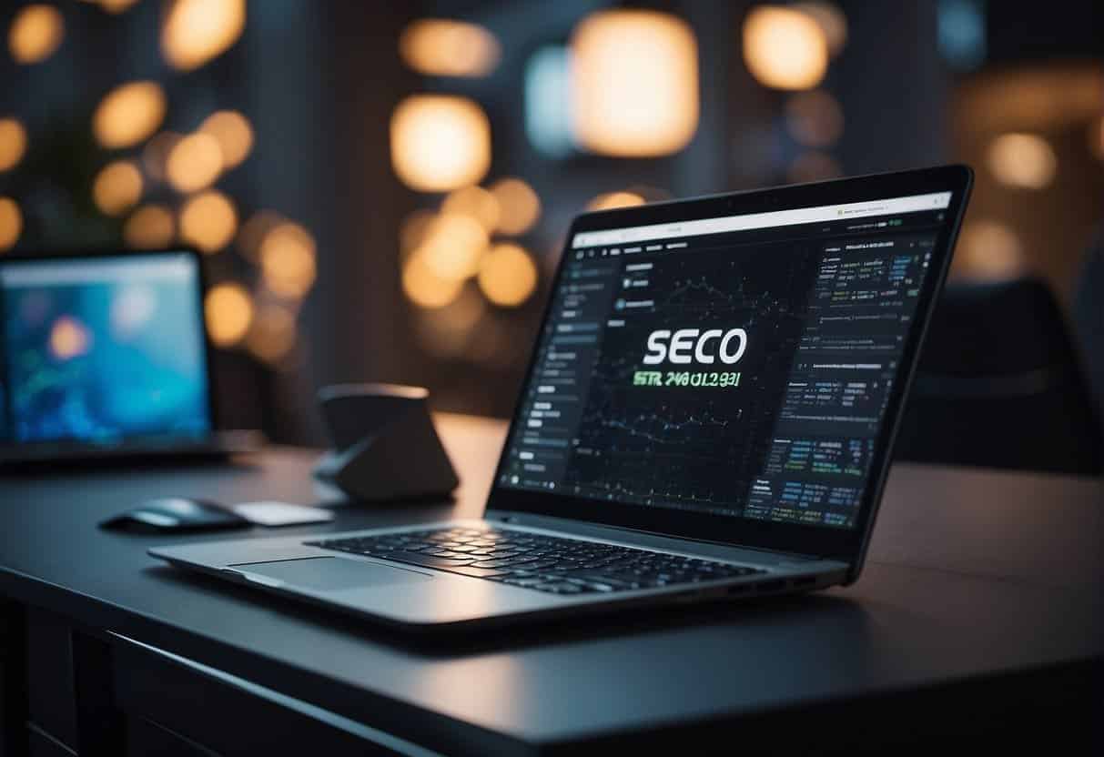 A computer screen displaying SEO and online visibility strategies with web design monthly packages