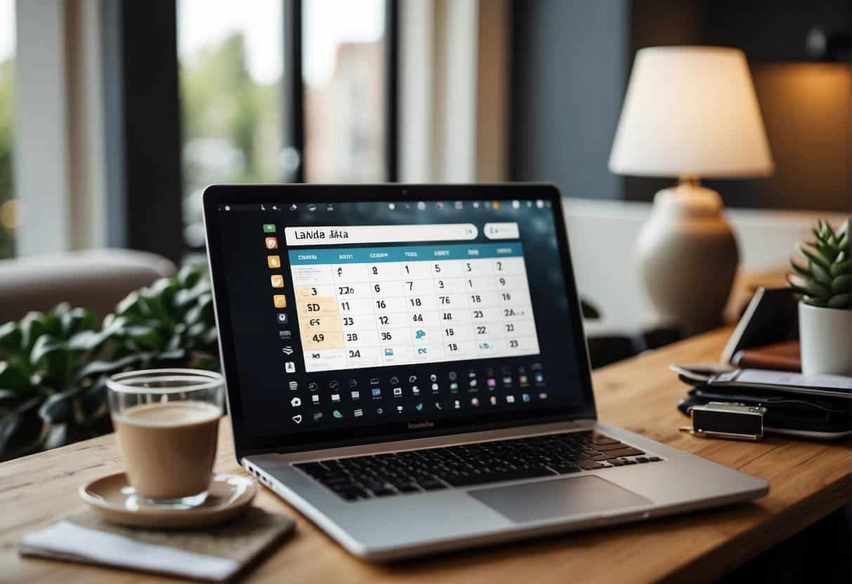 A laptop with social media icons and marketing tools displayed on the screen, surrounded by a variety of blog post drafts and a calendar with scheduled content