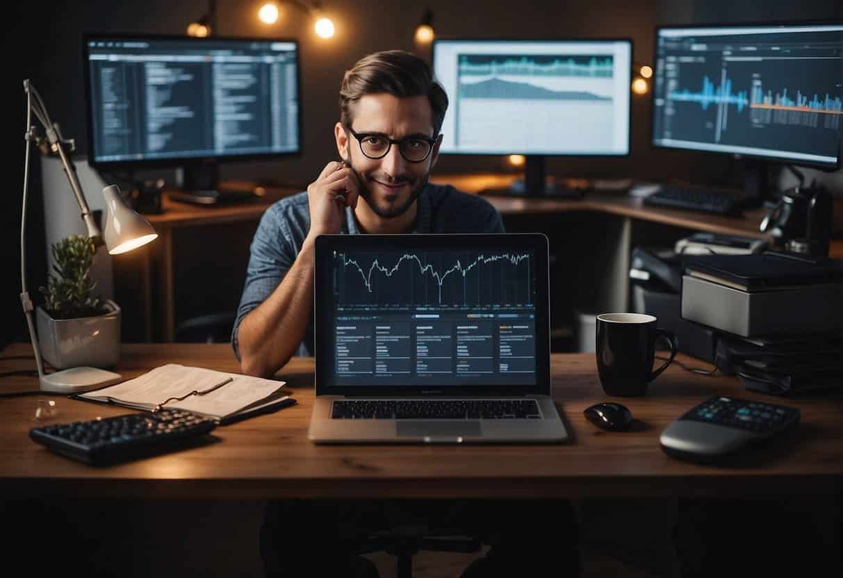 A blogger sitting at a desk, surrounded by various digital platforms and tools. Charts and graphs displaying audience growth and monetization strategies are visible on the computer screen