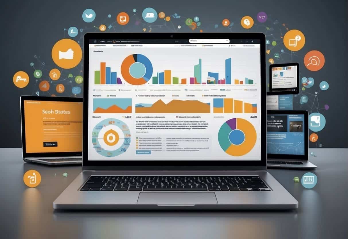 A laptop displaying a blog post on SEO strategies, surrounded by icons of popular social media platforms and a graph showing increasing audience reach