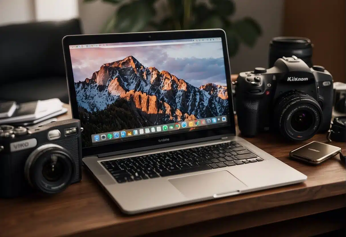 A laptop displaying top SEO websites for vloggers, surrounded by camera gear and notebooks on a desk