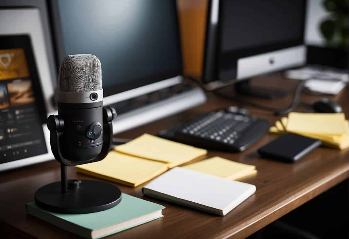 A desk with a computer, camera, and microphone. Post-it notes with website names. A bookshelf with content management books