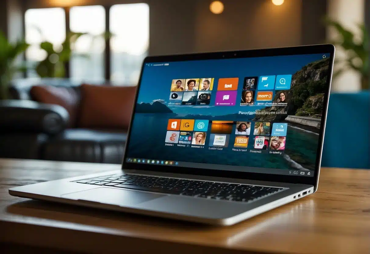 A laptop displaying popular blogging websites with vibrant logos and engaging content. A vlogger's camera and microphone sit nearby, ready for action
