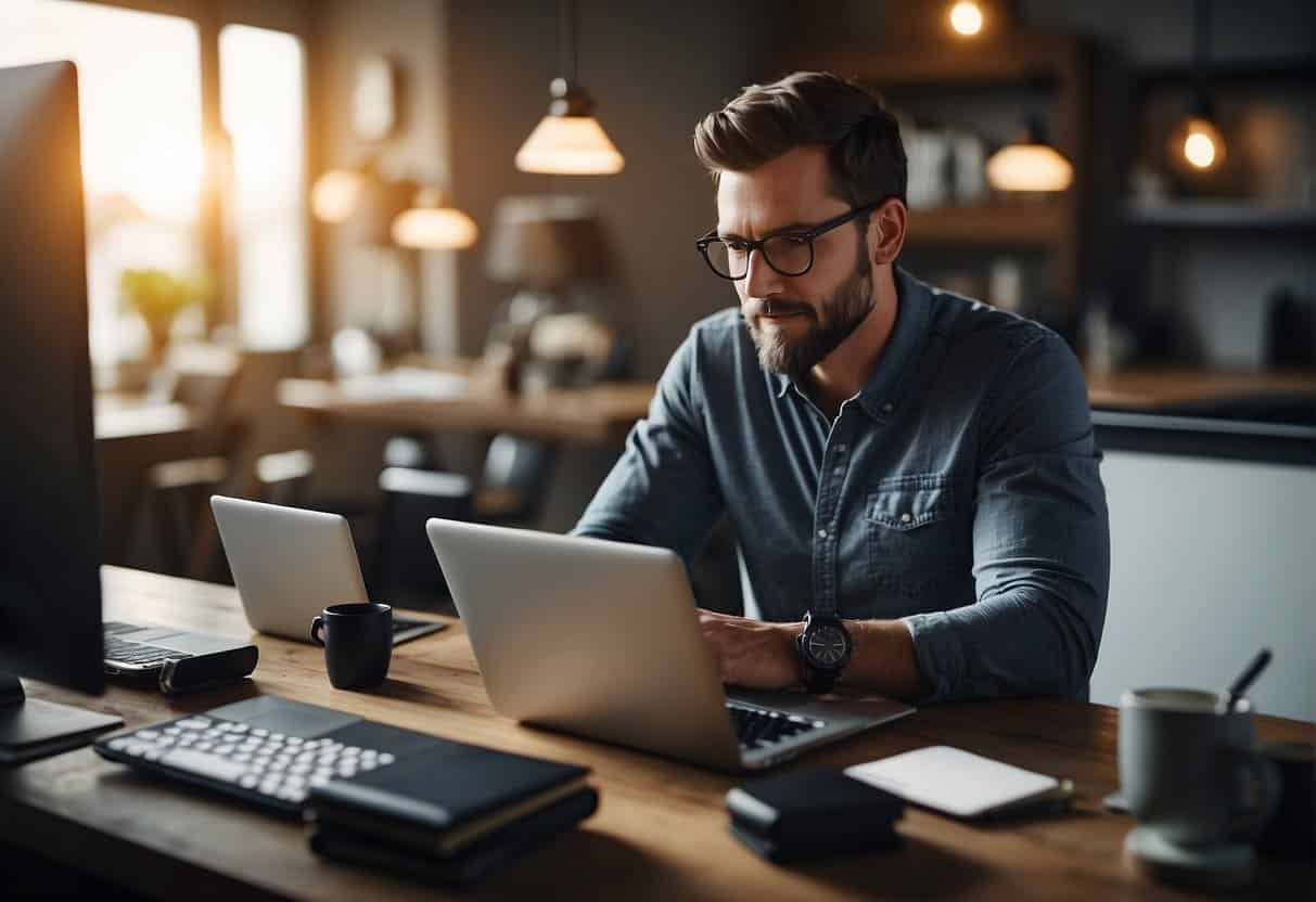 A vlogger researching top websites, surrounded by open laptops and tablets, with a notepad and pen for jotting down ideas