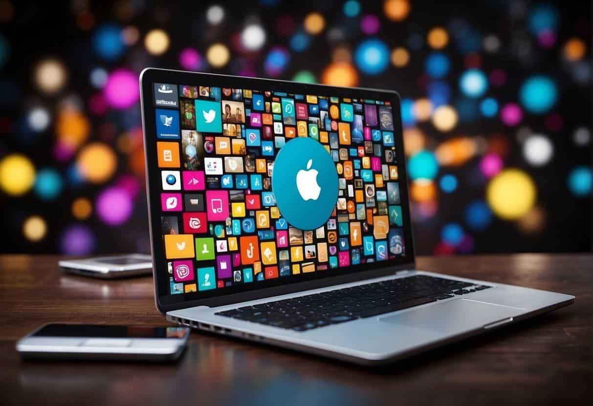 A laptop surrounded by vibrant, diverse icons representing various online communities for bloggers and vloggers to collaborate and grow
