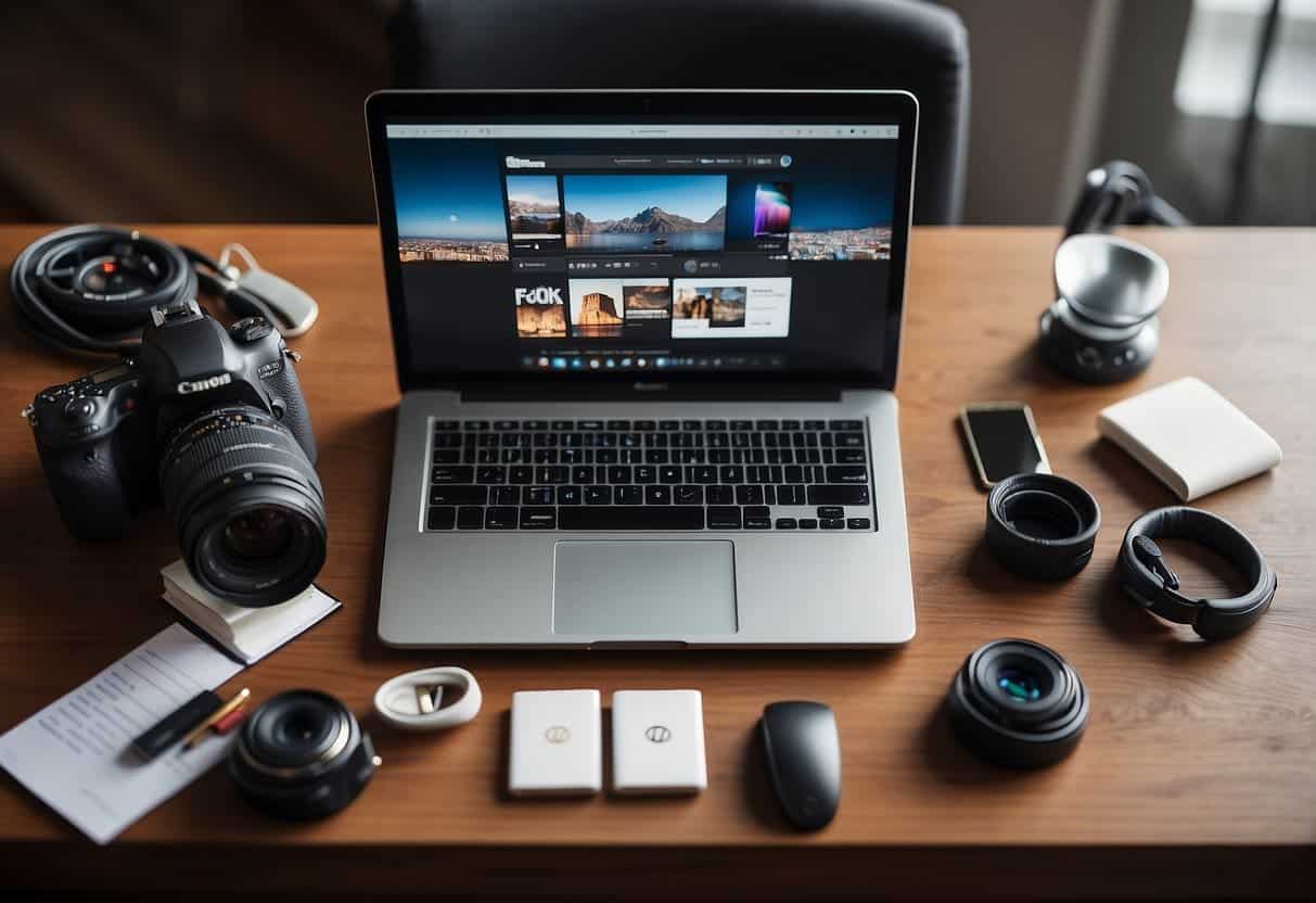 A desk with a laptop, camera, microphone, and notebook surrounded by social media icons and promotional materials