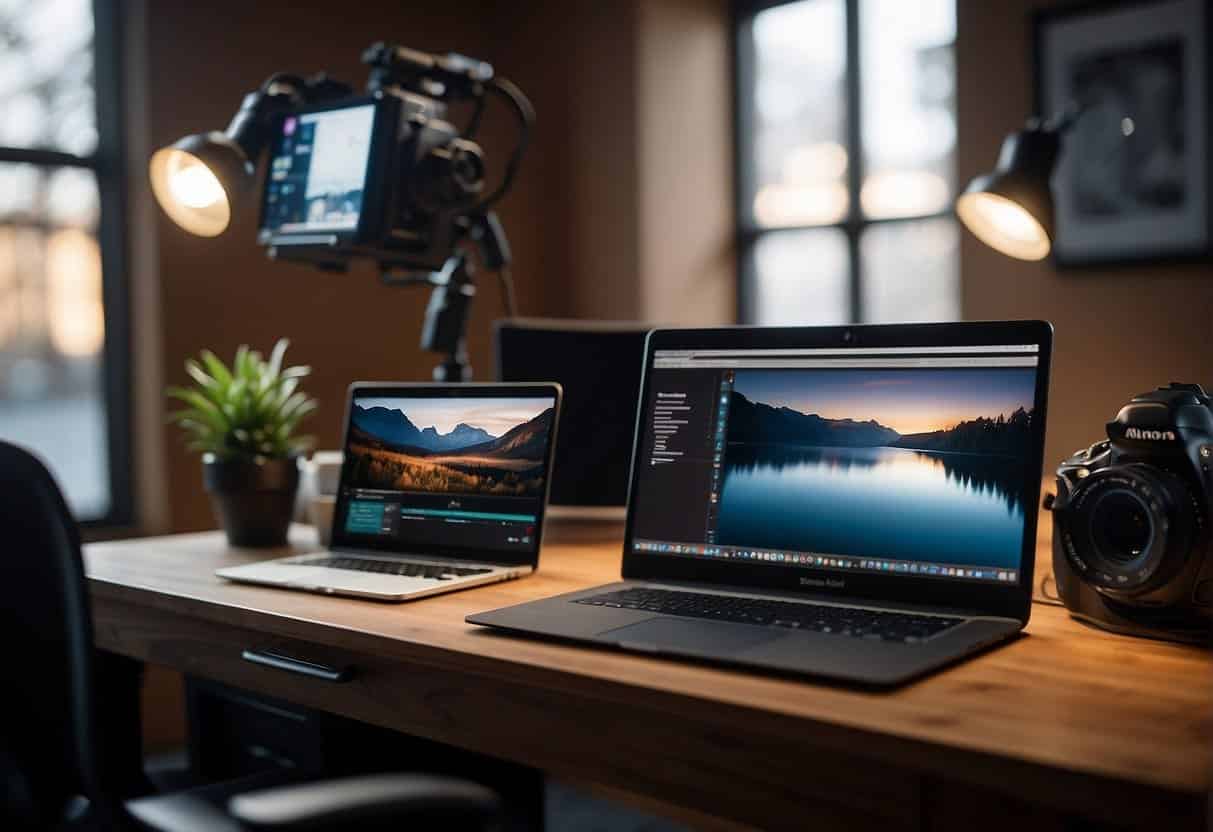 A desk with a laptop, camera, microphone, and security software displayed. Light from a window illuminates the setup