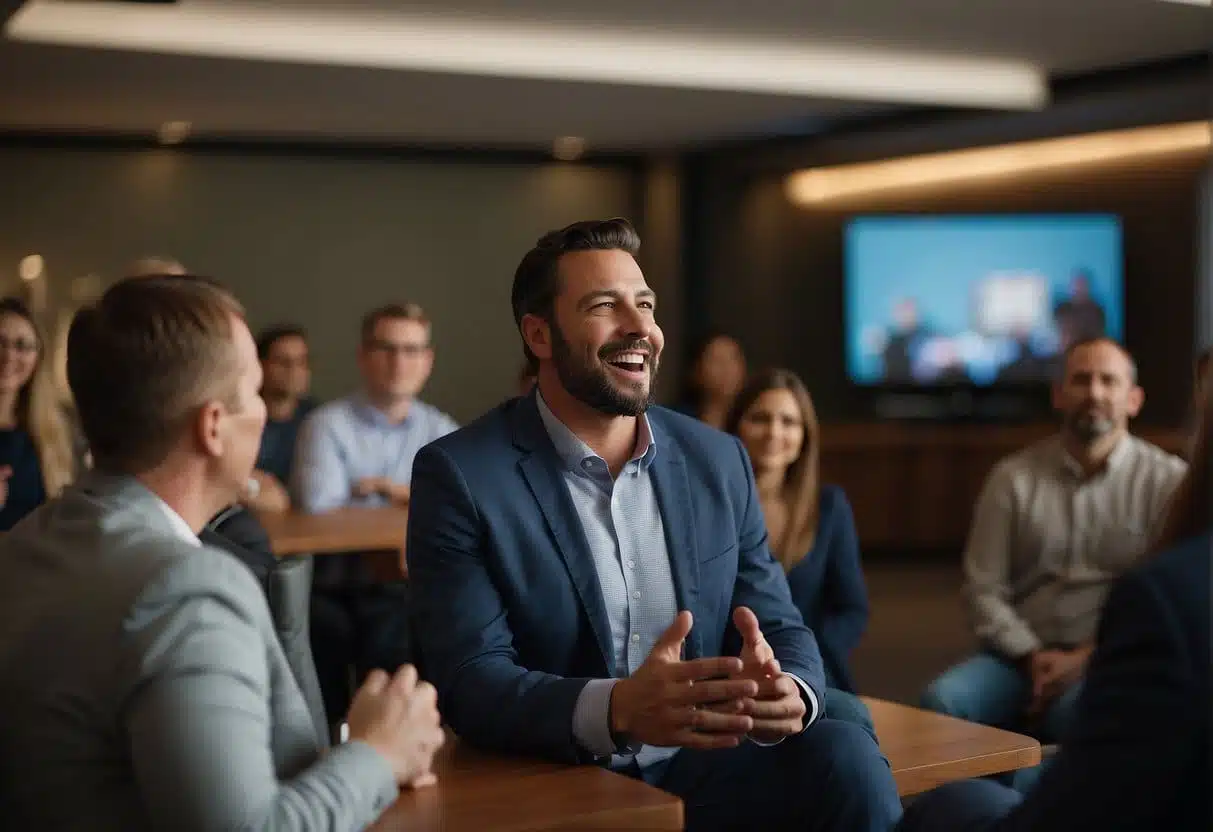An educator speaks passionately to a diverse audience, using engaging body language and expressive facial expressions to convey authenticity in their vlogging content