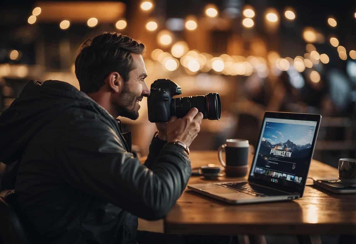 A travel blogger collaborates with sponsors, using cameras, laptops, and social media to monetize content