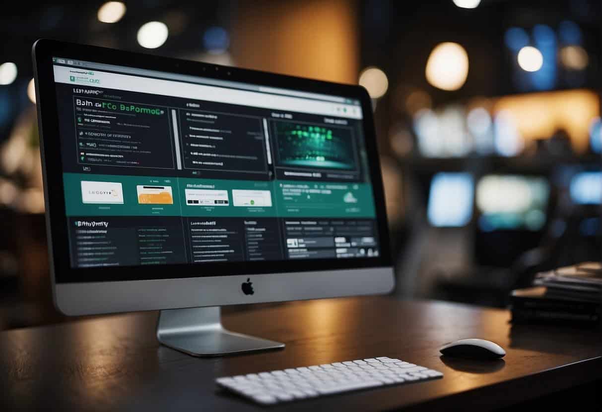 A computer screen split in half, with "BigCommerce" on one side and "Shopify" on the other. Various e-commerce products and services are displayed around the screens