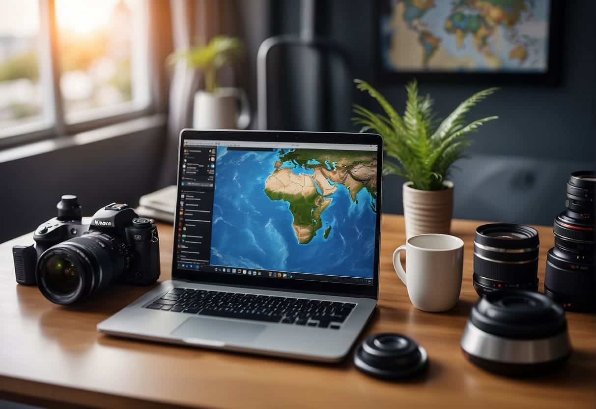 A laptop with travel photos, a video camera, and a notepad with monetization ideas on a desk with a world map in the background