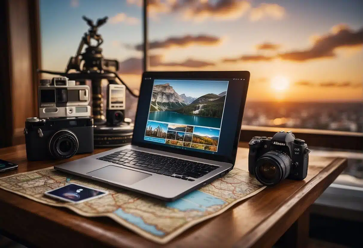 A laptop and camera sit on a desk surrounded by travel souvenirs. A map and social media icons are displayed on the screen