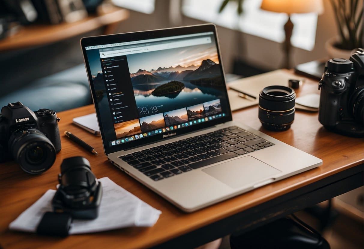 A laptop open on a desk, camera on a tripod, and microphone set up for travel blogging and vlogging. Various tech tools and notes scattered around