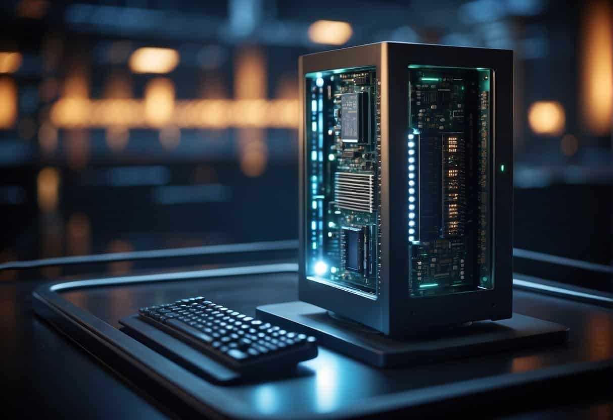 A quantum computer hums in a secure facility, surrounded by intricate data encryption algorithms. The future of user experience design unfolds in the digital realm
