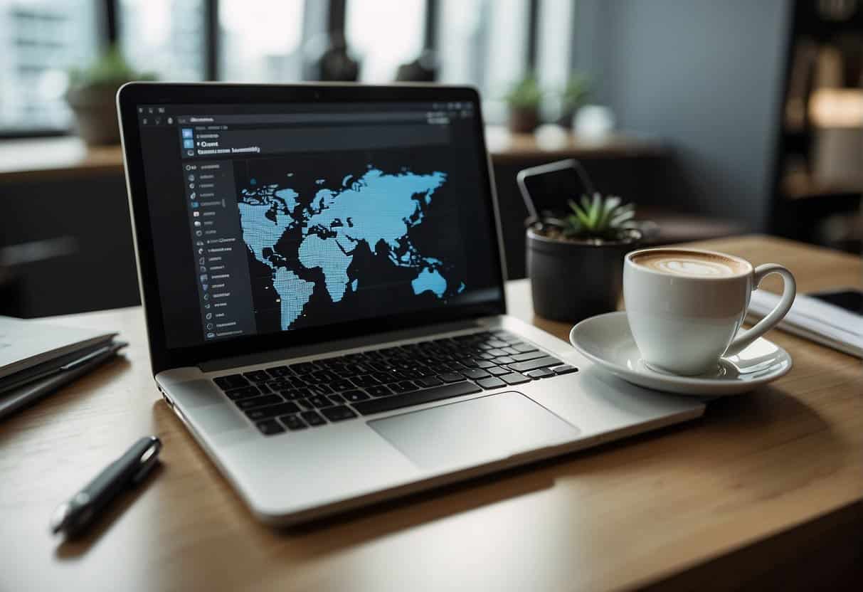 A laptop with various SEO tools open on the screen, surrounded by a notepad, pen, and coffee cup on a desk