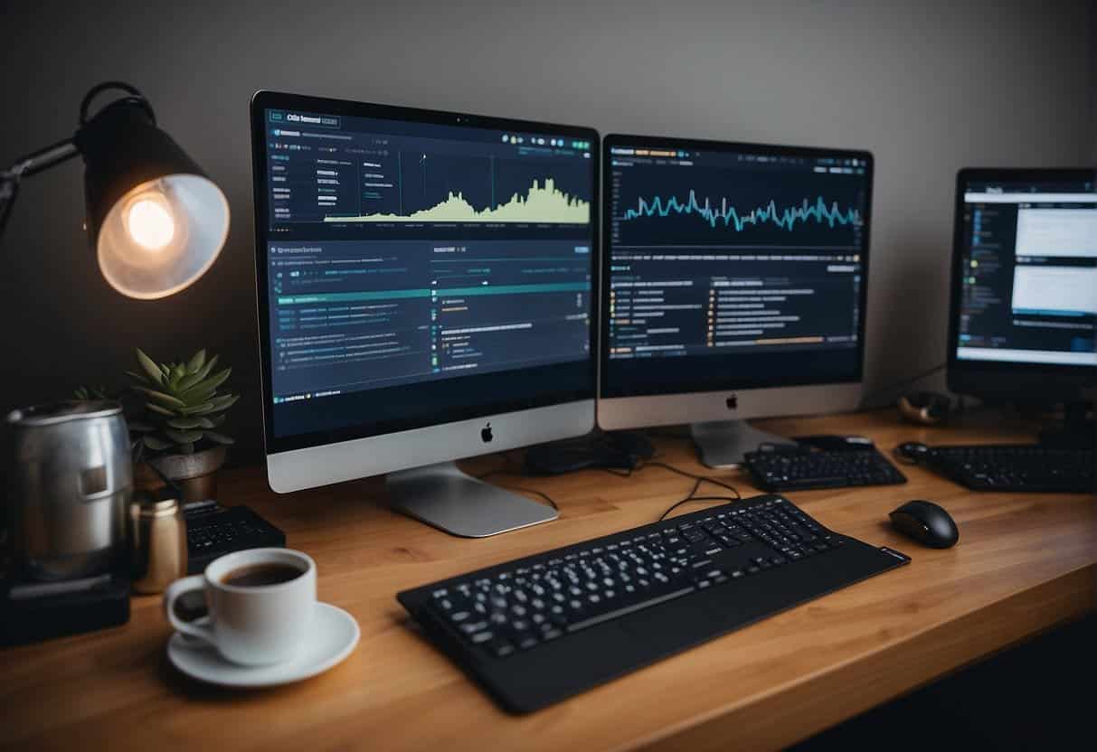 A computer with two screens displaying BigCommerce and Shopify dashboards, surrounded by developer resources and technical equipment