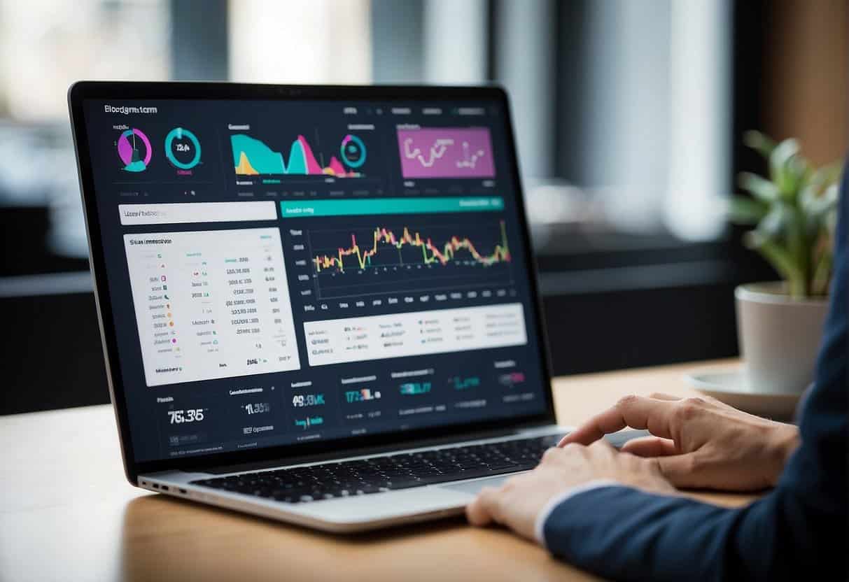A laptop displaying blog analytics with social media icons and engagement metrics. Graphs and charts showing improvement trends