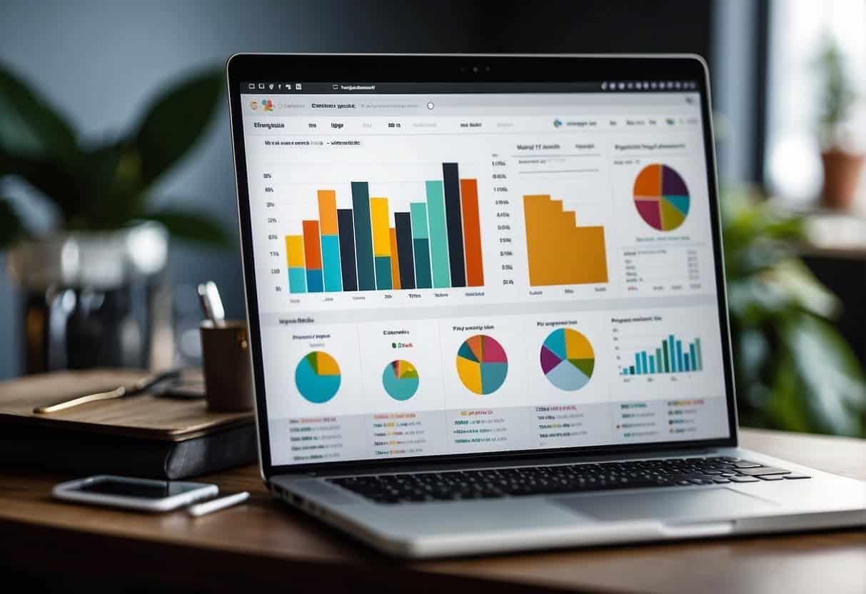 A laptop displaying blog analytics, surrounded by charts and graphs, with a magnifying glass hovering over the screen