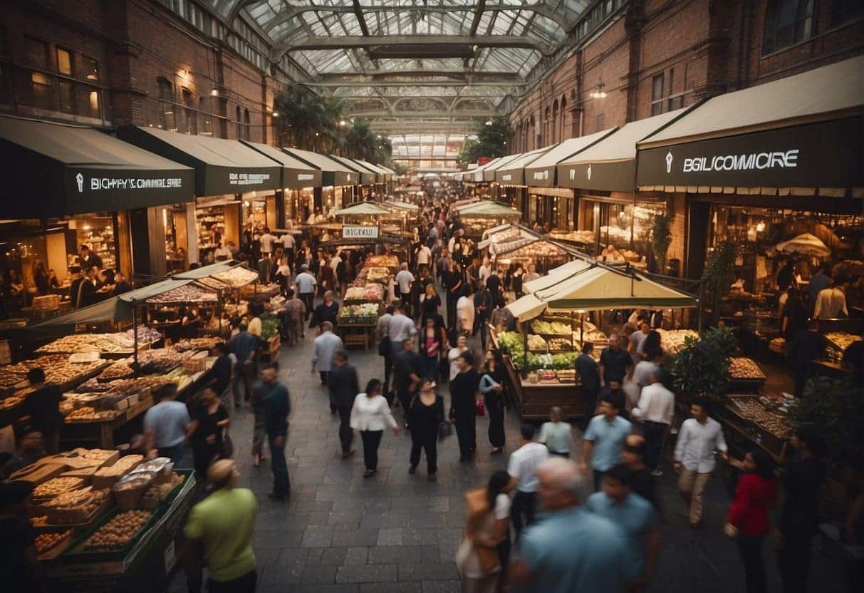 A bustling marketplace with two towering scales, one labeled "BigCommerce" and the other "Shopify," each being weighed down with an increasing number of products. The scales are surrounded by a crowd of eager merchants and customers