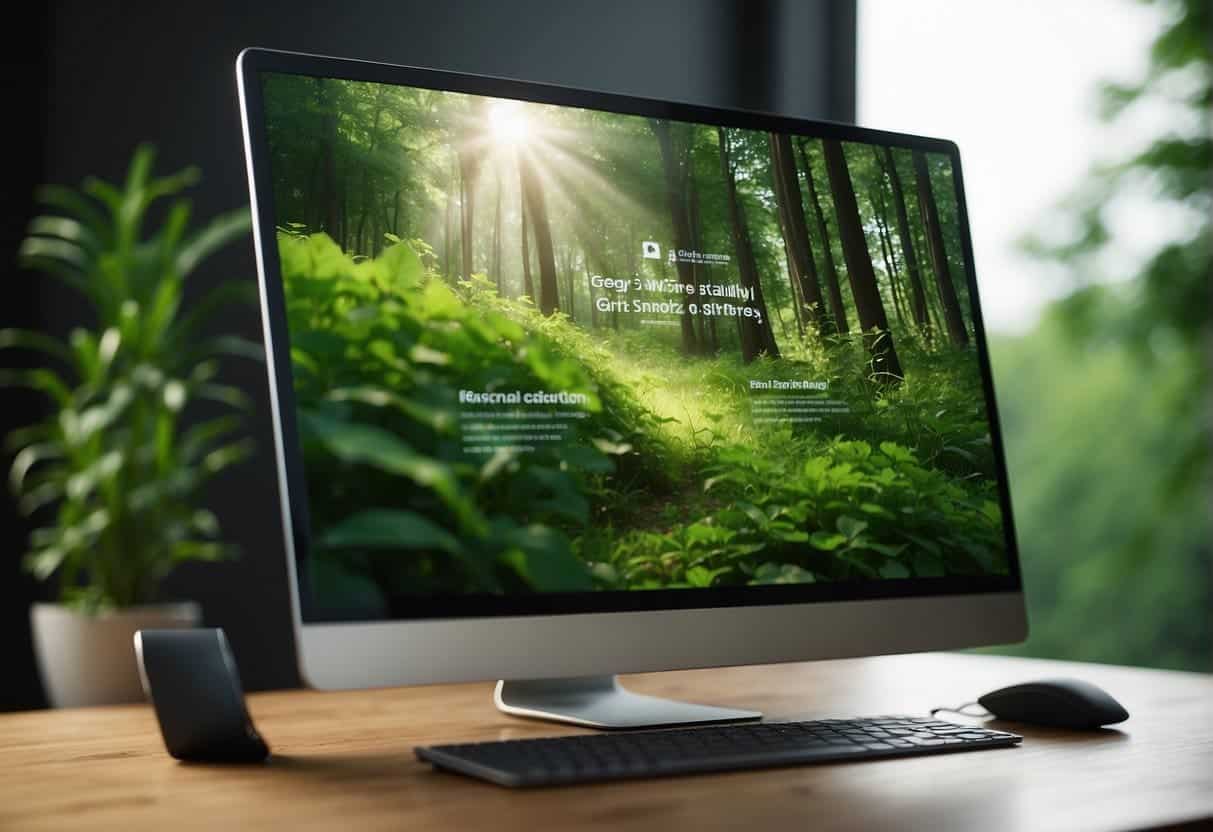 A computer screen displaying a website with a green, nature-inspired design. Energy-efficient devices and renewable energy sources powering the digital workspace
