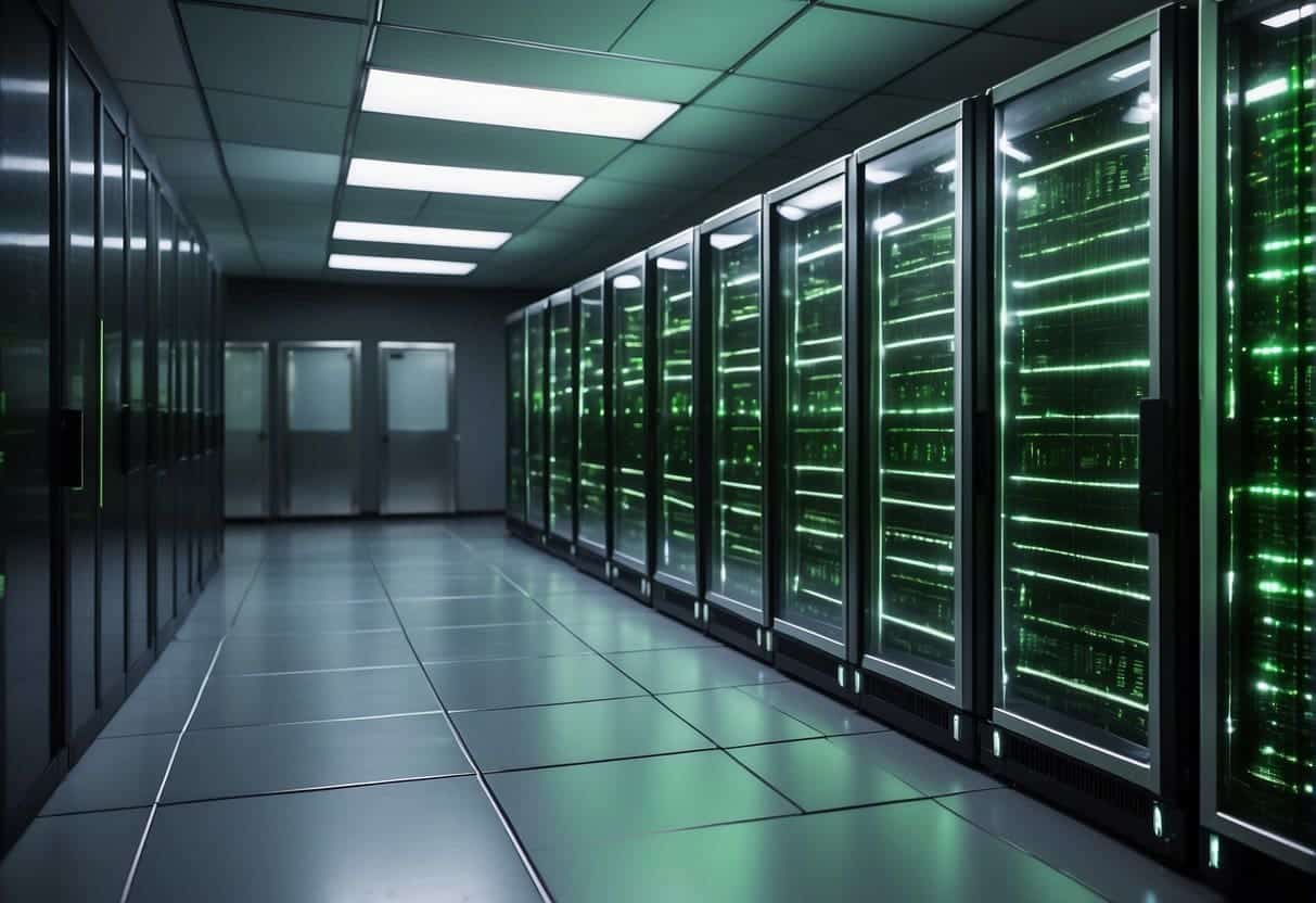 A server room with energy-efficient cooling systems, solar panels, and recyclable materials. Web servers running on renewable energy. Green data centers with efficient data storage and eco-friendly web design practices