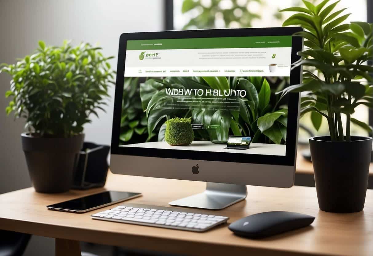 A computer monitor displaying a website with green design elements, surrounded by eco-friendly office supplies and a potted plant