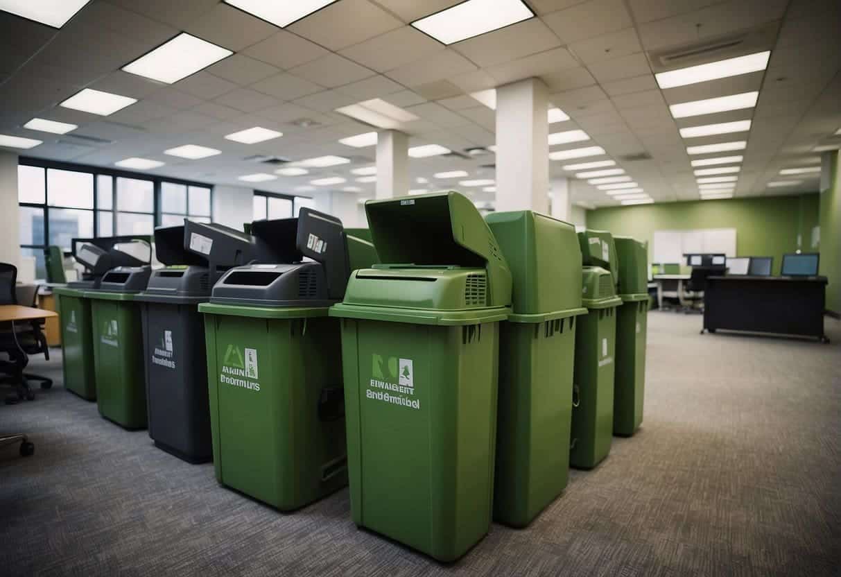 A bustling office with green initiatives: recycling bins, energy-efficient lighting, and digital content production equipment