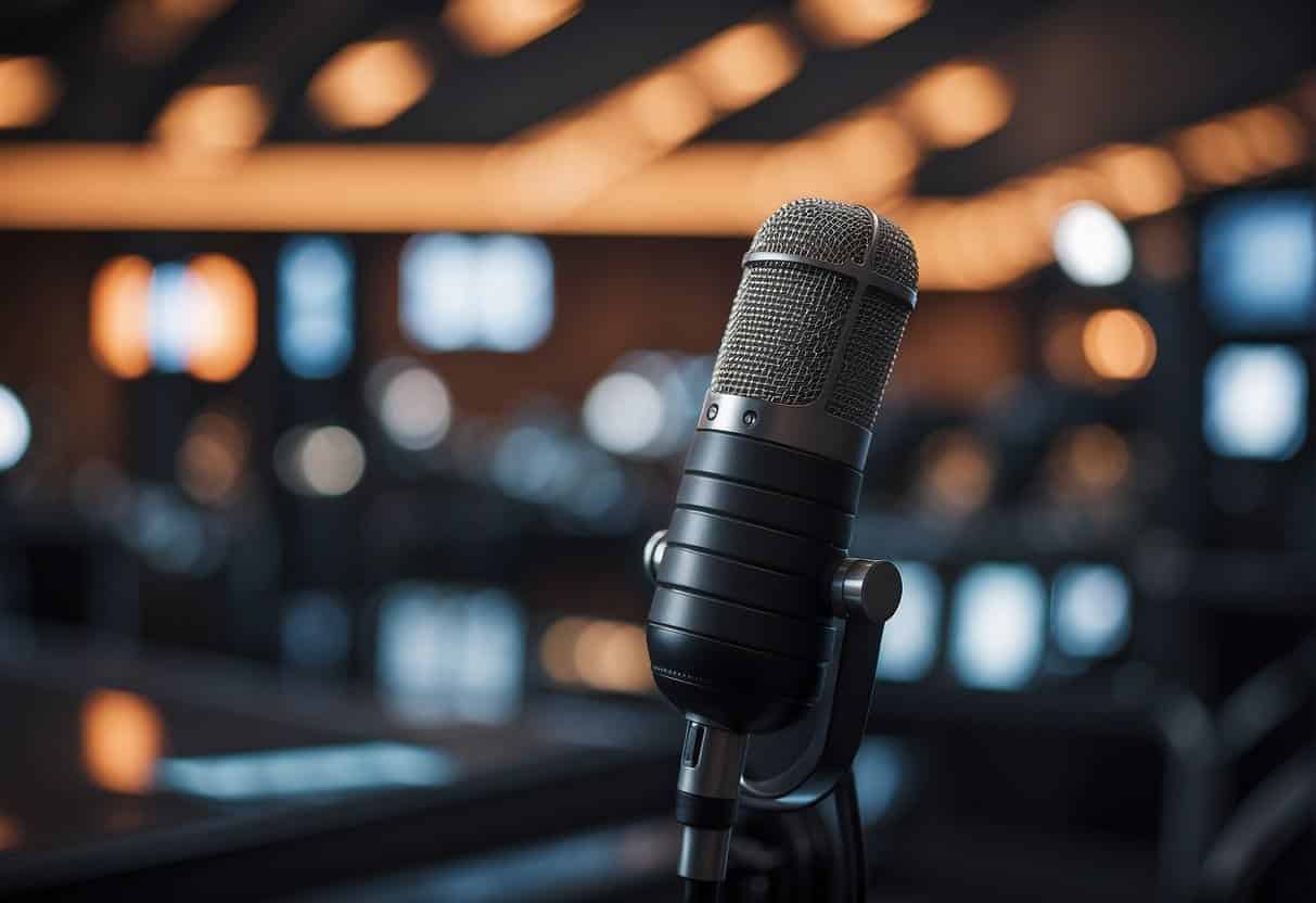 A podcast microphone surrounded by futuristic AI technology and industrial machinery