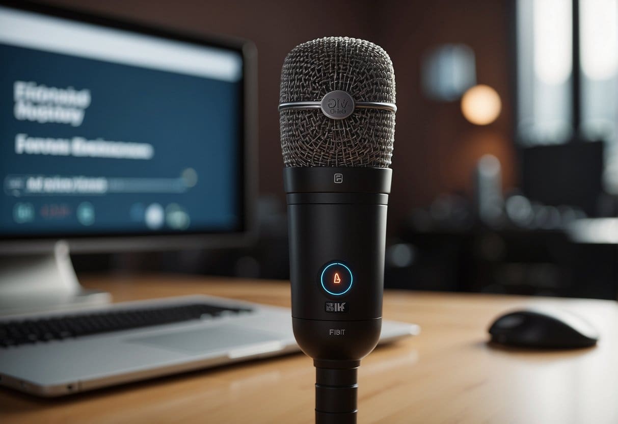 A microphone surrounded by AI training materials with a podcast title "Frequently Asked Questions" displayed on a screen