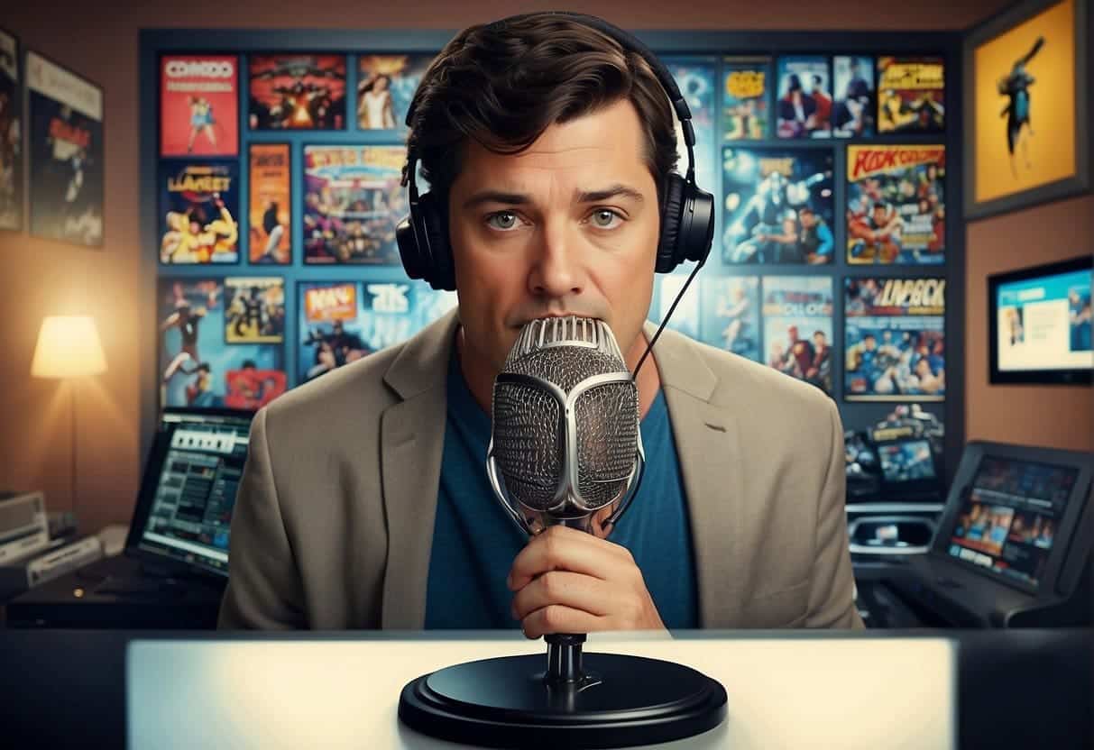 An AI host speaks into a microphone while surrounded by popular culture references, such as movie posters and comic book characters