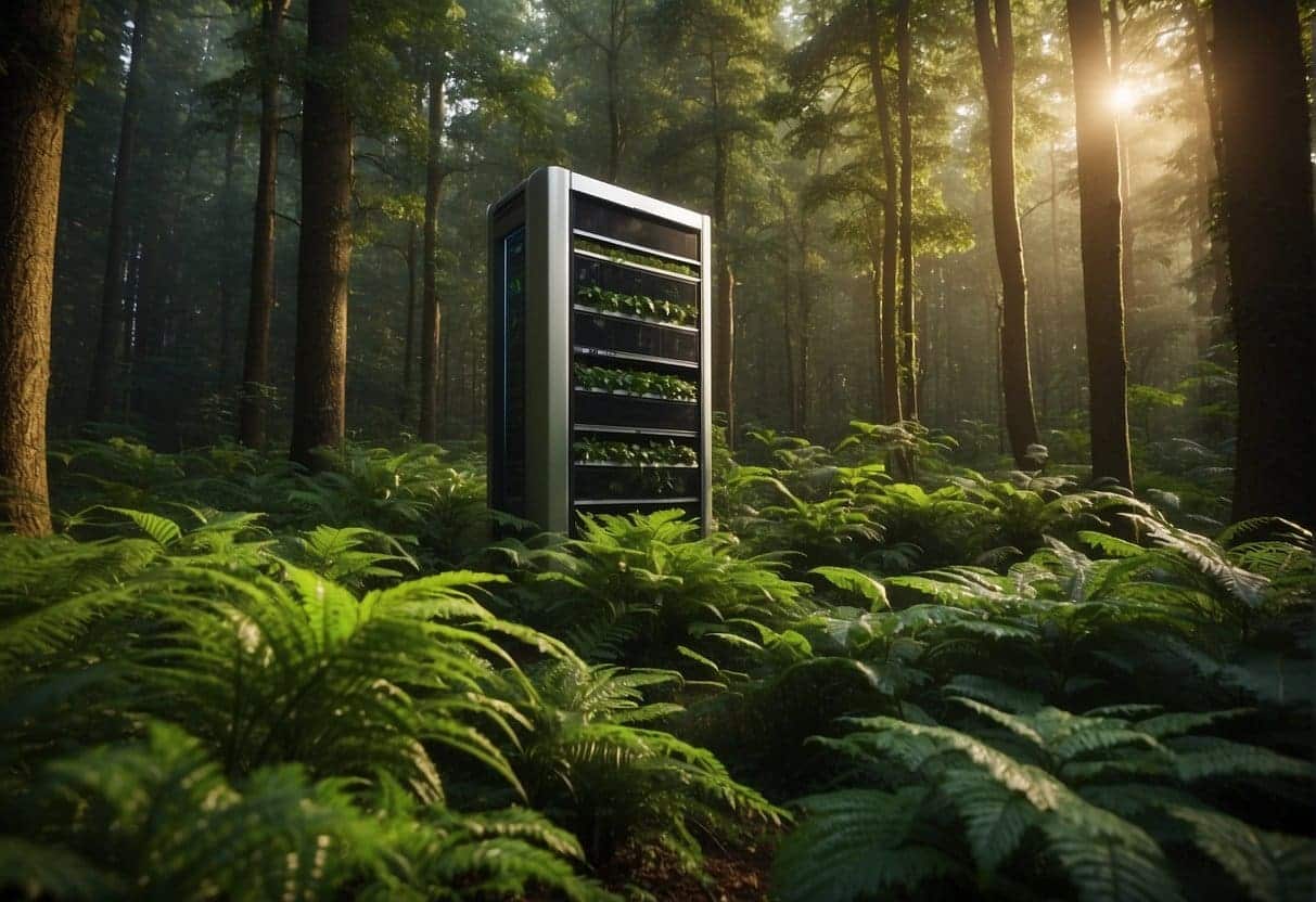 A lush, vibrant forest with a server tower emerging from the foliage, showcasing green hosting certifications and eco-friendly incentives