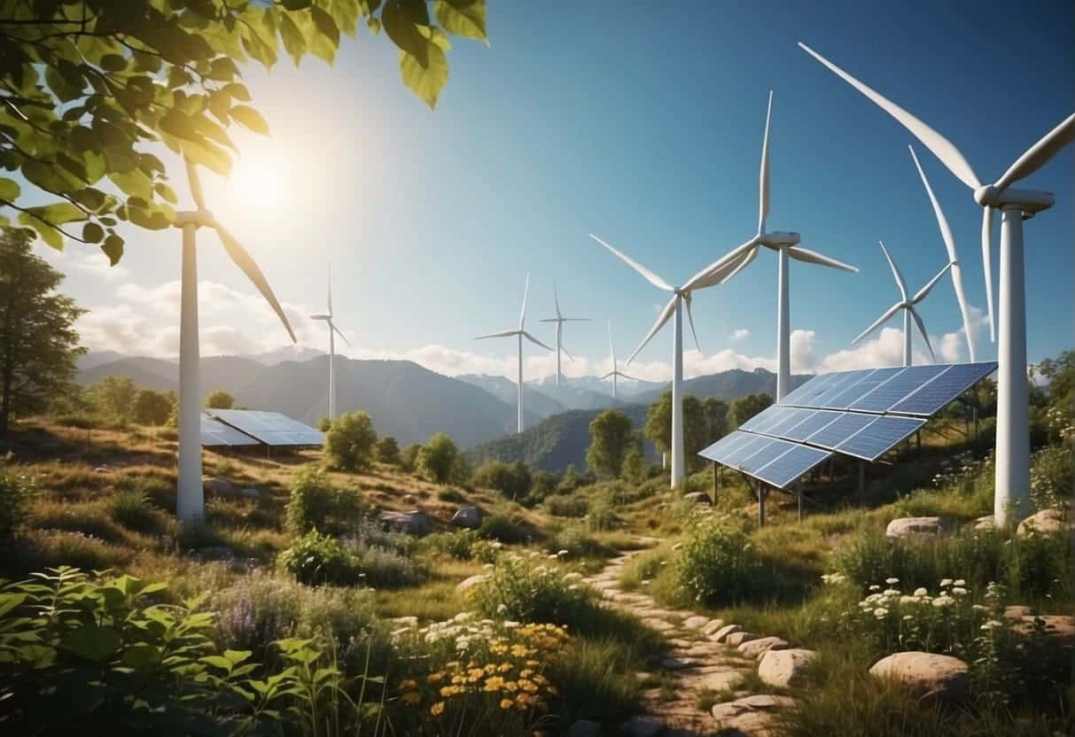 A lush forest with a variety of native plants and animals, surrounded by clean energy sources like wind turbines and solar panels. The image shows the harmony between technology and nature in eco-friendly hosting