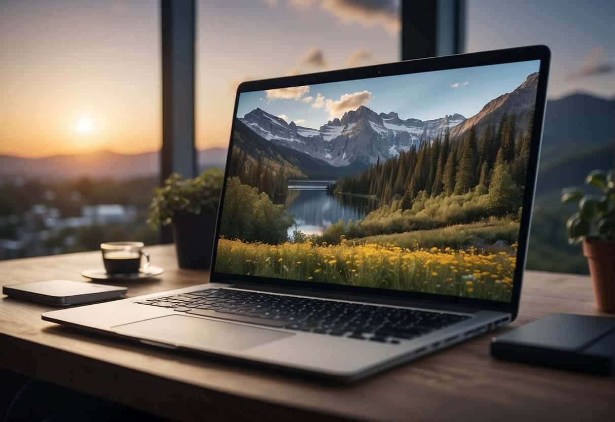 A serene landscape with AI-powered tools providing mental health support through digital interfaces and virtual communication