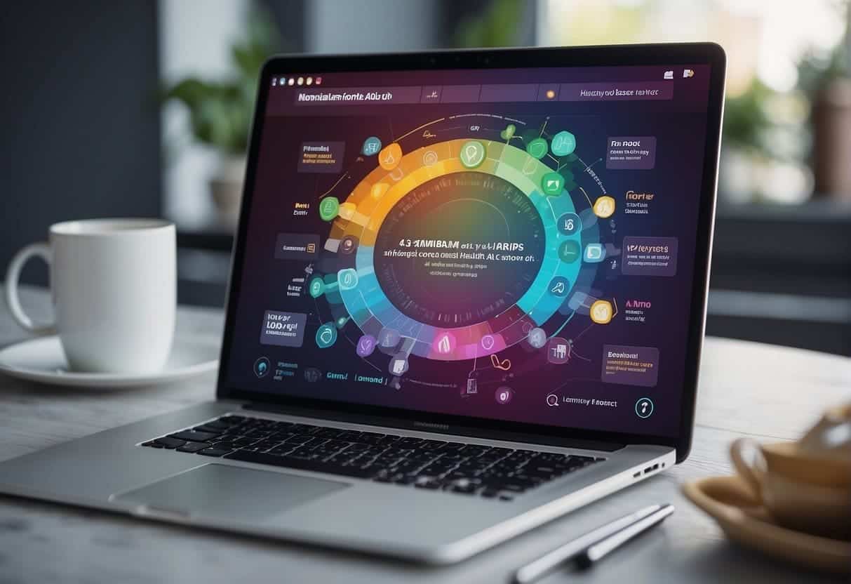 A colorful interface with AI-powered tools for mental health support, featuring frequently asked questions and engaging visuals