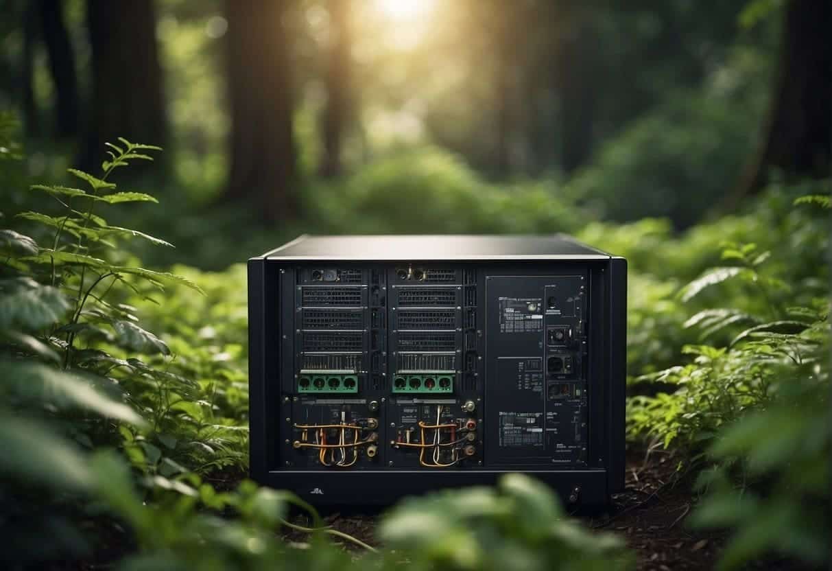 A computer server sits in a lush, green landscape, surrounded by renewable energy sources. It is connected to a network of sustainable web design innovations