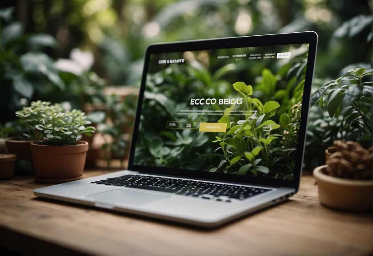 A computer screen displaying a website with eco-friendly design elements, surrounded by sustainable materials and plants