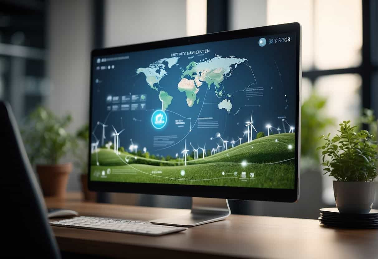 A computer screen displaying a website with eco-friendly design elements. Renewable energy sources and minimalistic layout are emphasized
